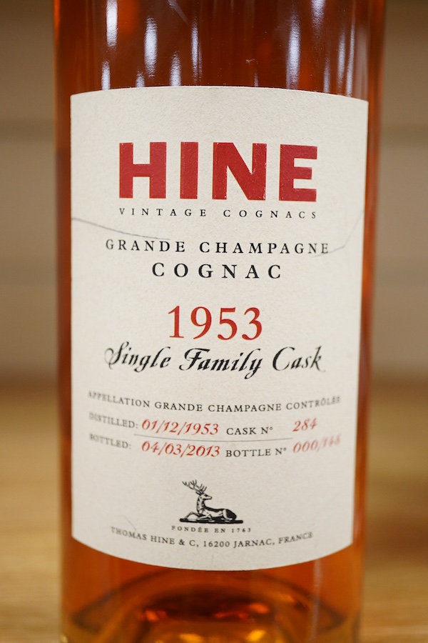 One bottle of Hine Vintage Grande Champagne Cognac 1953, Single Family Cask, distilled 01/12/1953 Cask no. 284, bottled 04/03/2013 Bottle no. 000.148. Condition - good